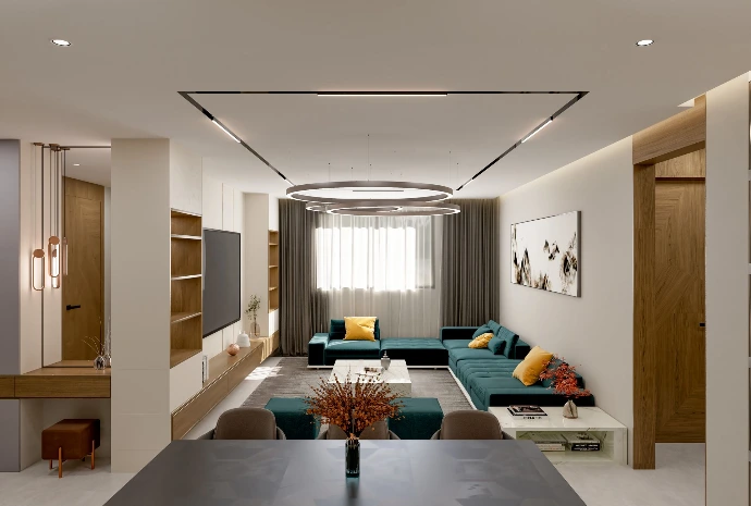 Modern living room interior design – photorealistic 3D render