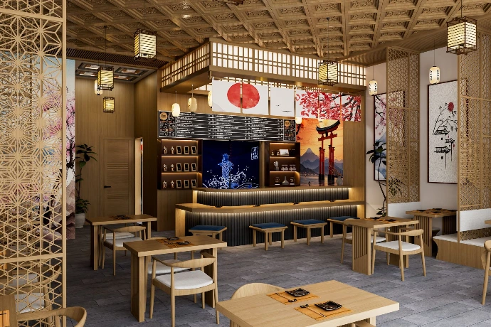 Modern Japanese Cafe Interior Design: 3D Visualization